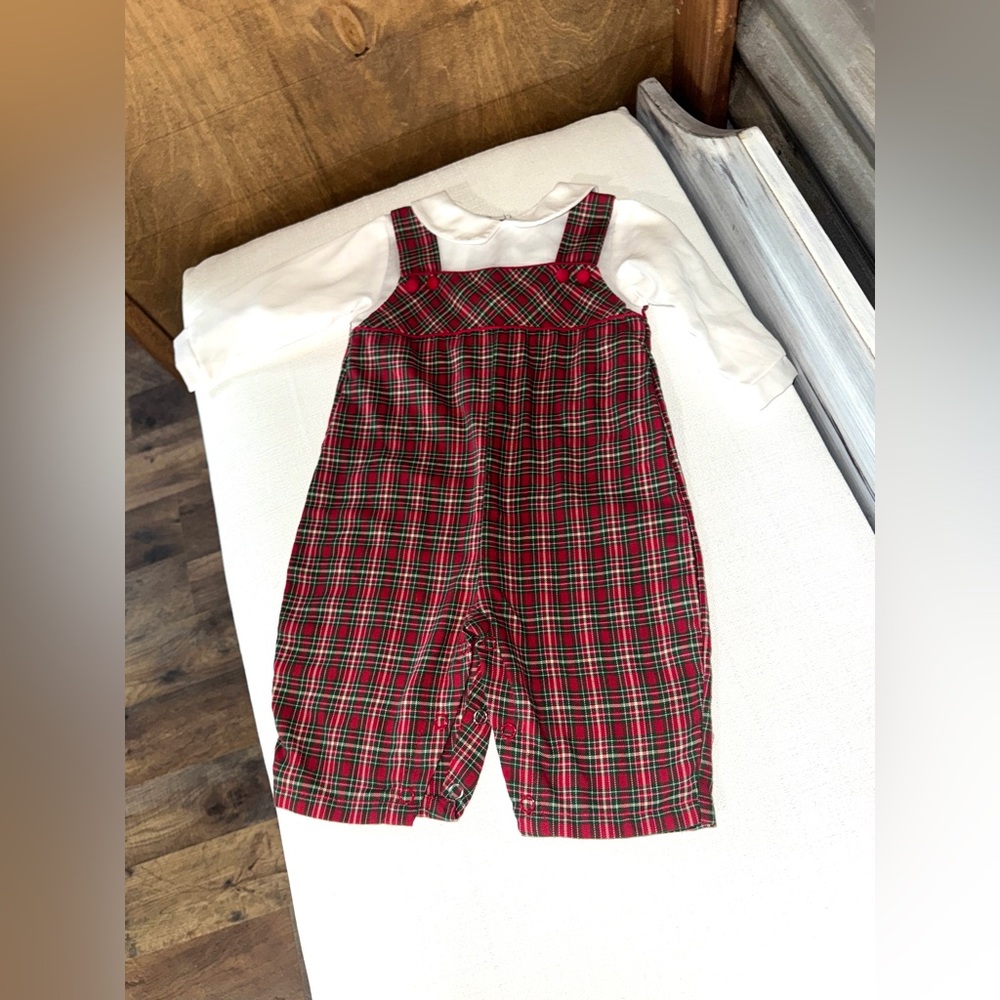 Petit Ami Red Plaid Overalls with White Top